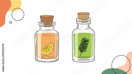 Pair of glass bottles with cork stoppers containing oils, one with a lemon slice and another with a pine branch inside for wellness.