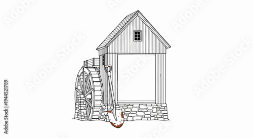 Rustic mill with water wheel and shovel, an empty framed area