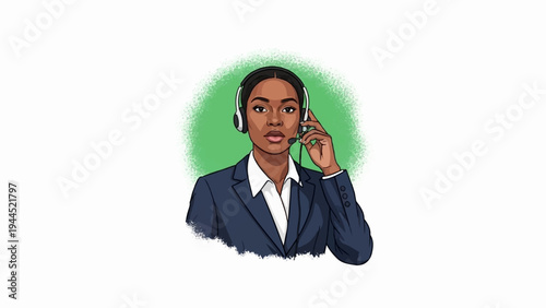 Professional woman in a suit with headset, facing forward with a green background
