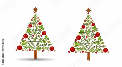 Two whimsical, herb-crafted Christmas trees with rustic decor and festive lights