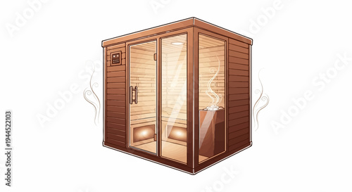 Wooden sauna cabin with glass doors and steaming stones