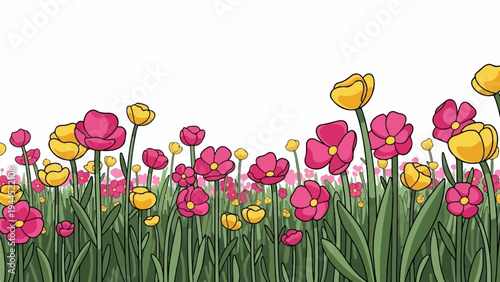 Vibrant cartoon illustration of a field of pink and yellow flowers with green stems