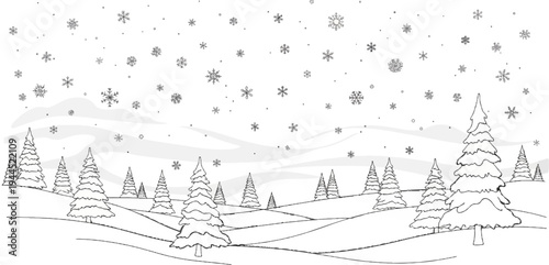 Snowy landscape with pine trees and falling snowflakes