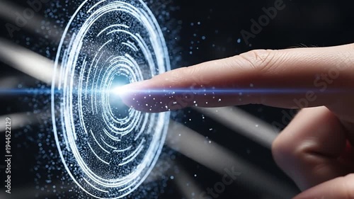 Finger touching glowing blue circle with concentric circles and light effect on dark background