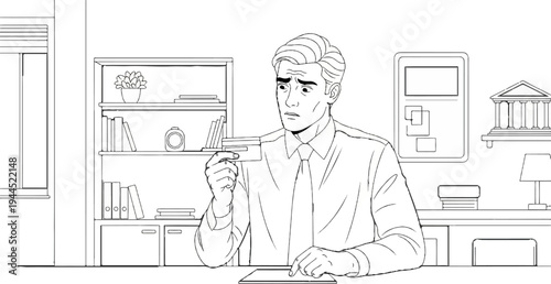 Worried businessman holding credit card at desk with tablet and office items