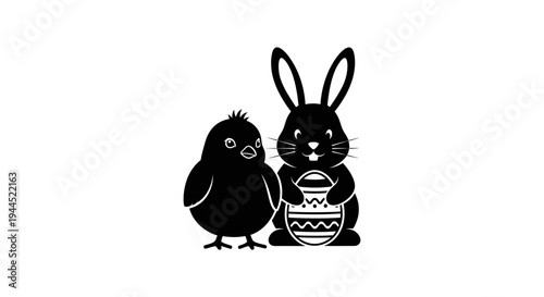 Black Easter bunny and chick with egg vector icon set