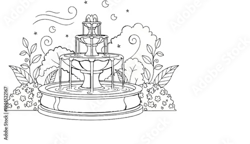 An elegant tiered fountain surrounded by lush foliage and delicate flowers