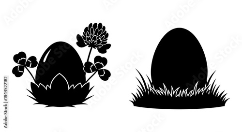 Two stylized eggs adorned with clover and flower motifs in a grassy setting Vector, illustration