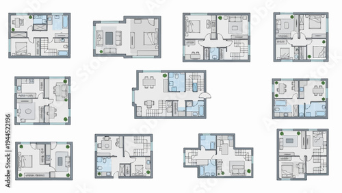 Various floor plans for different home layouts, showing rooms, furniture, and windows