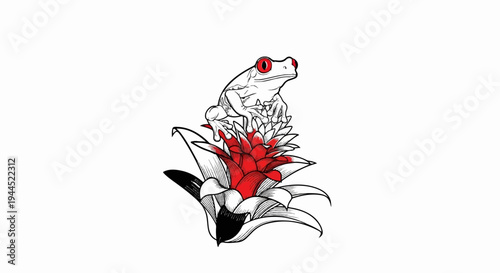 Stylized drawing of a red-eyed tree frog perched on a vibrant bromeliad flower