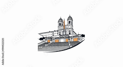 Stylized drawing of grand staircase with twin-domed building and obelisk