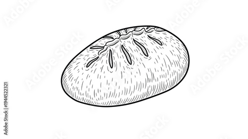 Traditional engraving style illustration of a crusty loaf of fresh bread with scored top on a white background for bakery themes.