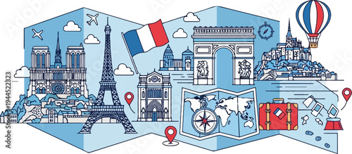 Stylized illustration of Parisian landmarks and travel elements
