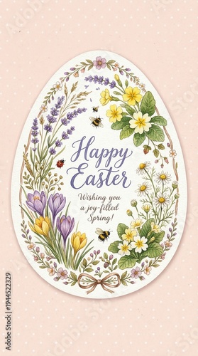 Happy Easter Floral Egg Card With Spring Flowers, Bees and Pastel Watercolor Wreath