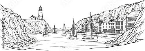 Coastal village with lighthouse and sailboats docked along rocky cliffs
