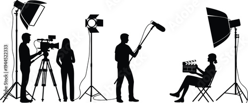 Professional film production crew silhouette with camera operator, boom microphone, clapperboard, and studio lights illustrating teamwork, filmmaking process, and cinematic