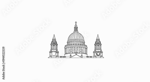 Stylized outline drawing of a grand domed cathedral with twin towers