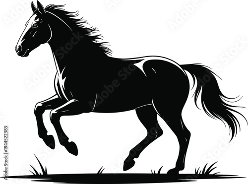 Black horse silhouette running on grass