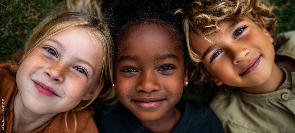 Fototapeta premium Three children posing for a black and white portrait.