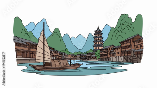 Traditional waterside village scene with a sailing boat and pagoda
