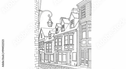 Black and white sketch of old European street with houses and lamppost