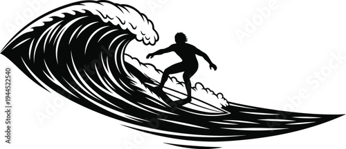 Surfer riding a powerful wave on a sunny day with a classic silhouette design