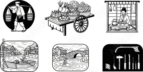 Traditional Japanese scenes including a porter, produce cart, tea ceremony, river village, stone bridge, tools