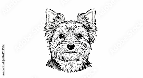 Black and white sketch of a small, furry dog's face with perky ears