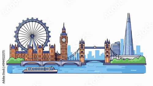 A stylized illustration of iconic London landmarks on a river