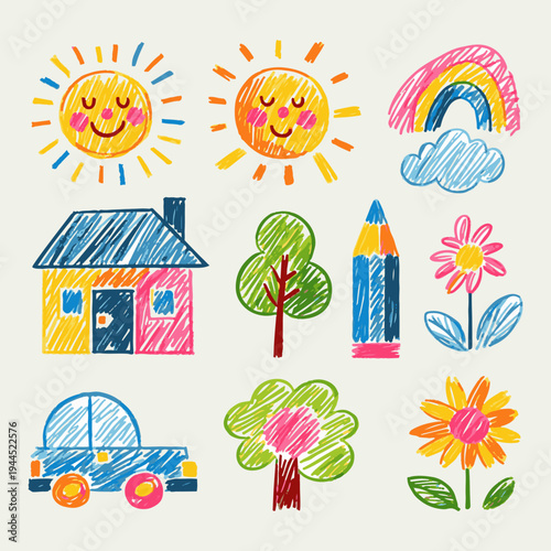 Whimsical Children’s Drawing Rainbow House Scene