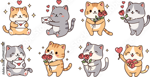 Cute kawaii cat characters with roses, hearts and love letters vector set for Valentine greeting and romantic stickers