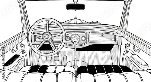 Black and white line drawing of a vintage car interior, showing dashboard, steering wheel, and seats