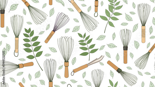 Elegant seamless pattern of traditional bamboo matcha whisks, green leaves, and sprigs on a white background for a serene tea design.