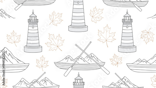 Outdoor adventure seamless pattern featuring grey lighthouses, mountain peaks, wooden boats with oars, and fallen autumn leaves on white.