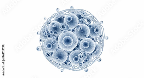 Abstract cluster of translucent spheres with internal structures and fibrous netting