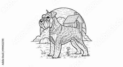 A wire-haired dog stands in a grassy yard with a small house and a stylized sun in the background