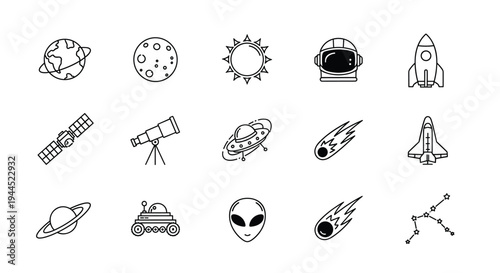 Collection of Space and Astronomy Icons Featuring Planets Rockets Astronauts and Aliens