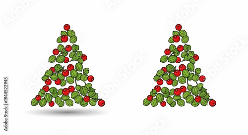 Stylized festive trees made of vibrant green leaves and red berries