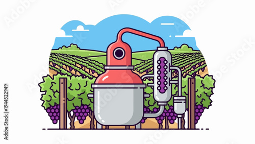 Stylized distillation apparatus in a vineyard with rolling hills and clouds