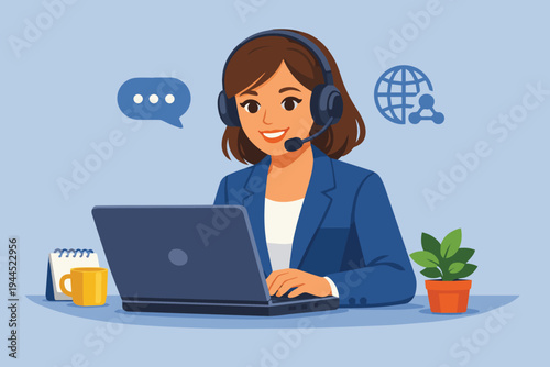 Customer support representative with headset flat vector illustration