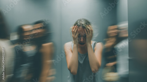 Panic attack anxiety stress woman crowd blur public space fear overwhelmed claustrophobia emotional distress