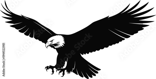 Black and white bald eagle illustration in mid-flight with wings spread and talons extended, symbolizing strength, freedom, patriotism, wildlife, and national emblem art.