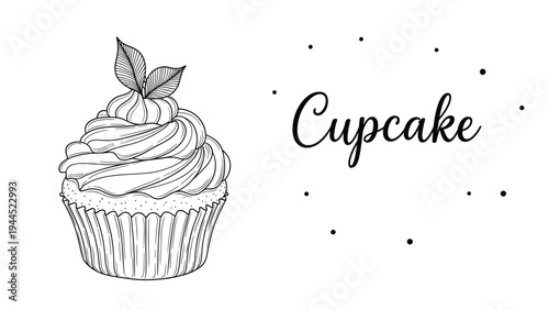 Artistic engraving style black and white illustration of a delicious cupcake with swirling frosting and two mint leaves on top.