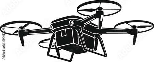 Quadcopter drone equipped with a mounted camera for aerial photography and surveillance.