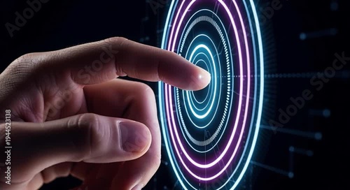 Hand touching glowing neon circle with concentric rings on dark background with circuit board pattern