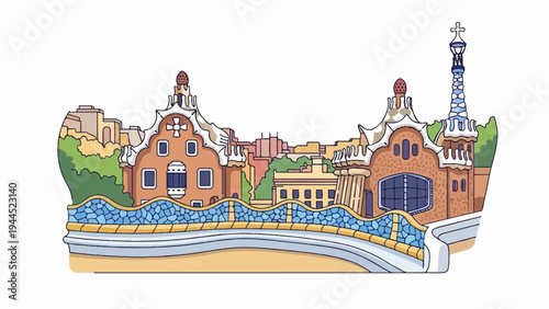 Whimsical buildings with curved mosaic walls and ornate tiled roofs