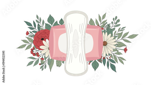 Feminine hygiene illustration featuring a white sanitary napkin placed over a pink package, decorated with a beautiful floral arrangement.