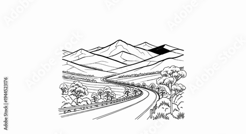 Winding road curves through hilly terrain with trees toward mountains