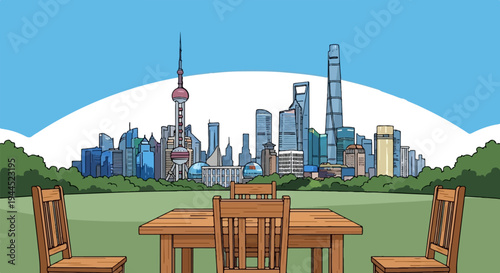 Wood table and chairs face city skyscrapers, park view, blue sky