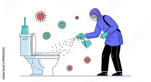 Professional cleaner disinfecting toilet with spray in bathroom hygiene maintenance illustration